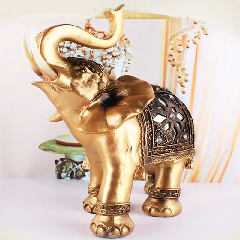 Golden Resin Elephant Statue with Trunk up Feng Shui Wealth Attraction Elegant Home Decor Figurine Lucky Ornament