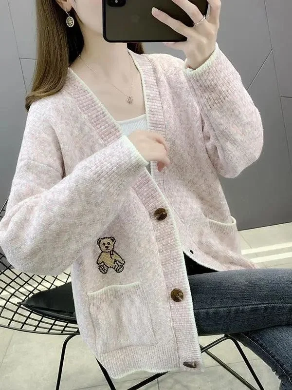 فضفاض V-Ne سترة مشغولة من الصوف المرأة ملابس خارجية لينة مريحة الخريف Sle عادية Faion سترة معطف المحملة خلات الألياف 00% #4