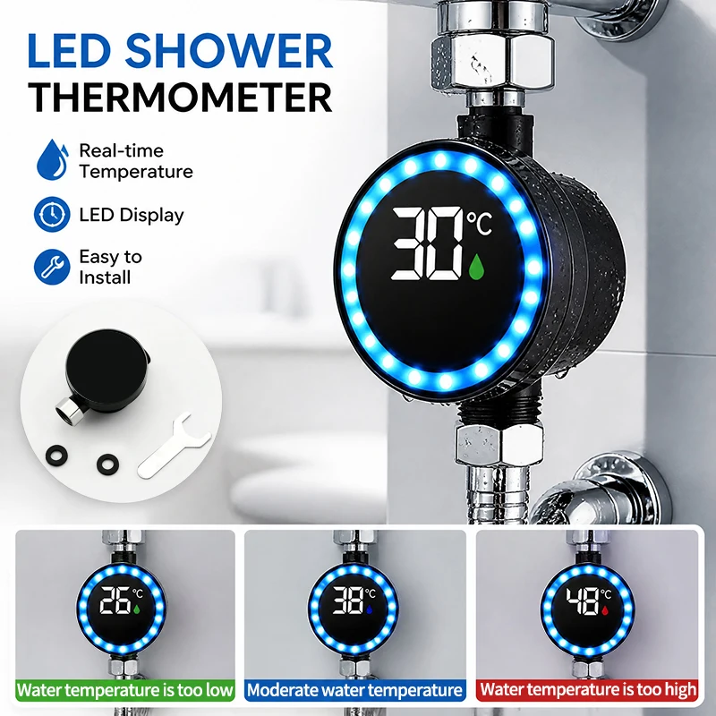

Faucet-Mounted Digital Water Thermometer – LED Display Fast Reading Temp Meter for Kids Bath Safety in Bathroom & Kitchen