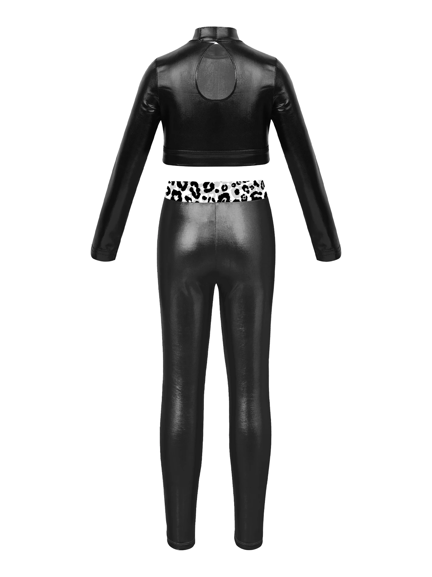 Kids Girls Glossy Metallic Long Sleeve Mock Neck Keyhole Back Crop Top with Mid Waist Leggings for Dance Sport Stage Performance