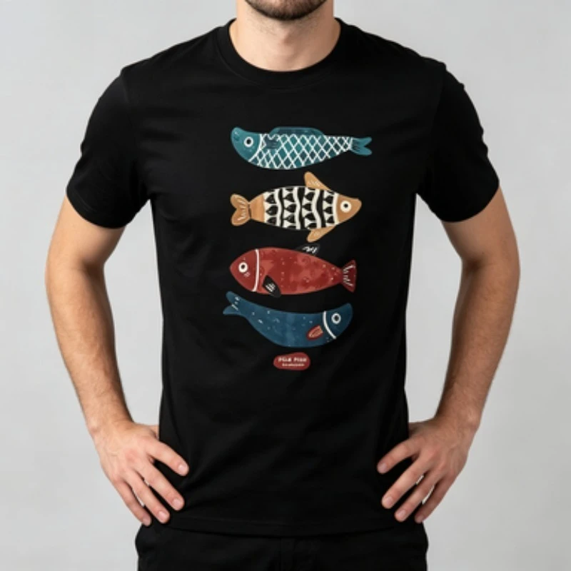 Men  Modal T‑Shirt Folk Style Fish Art Print Standard Fit Short Sleeve Retro Ethnic Graphic Casual Male Daily Streetwear Tops