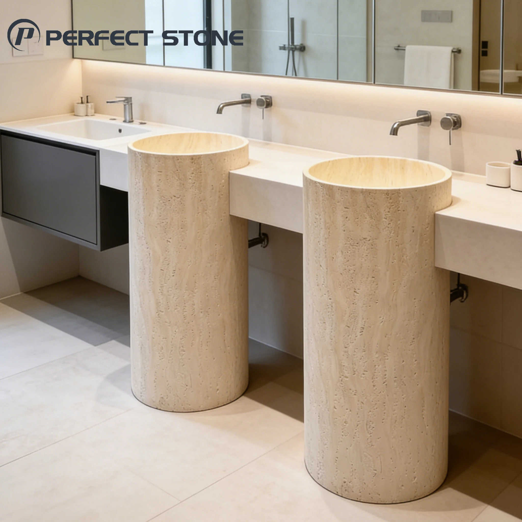 PerfectStone Wholesale Natural Stone Pedestal Wash Basin Freestanding Travertine Sink for Modern Bathroom Decor