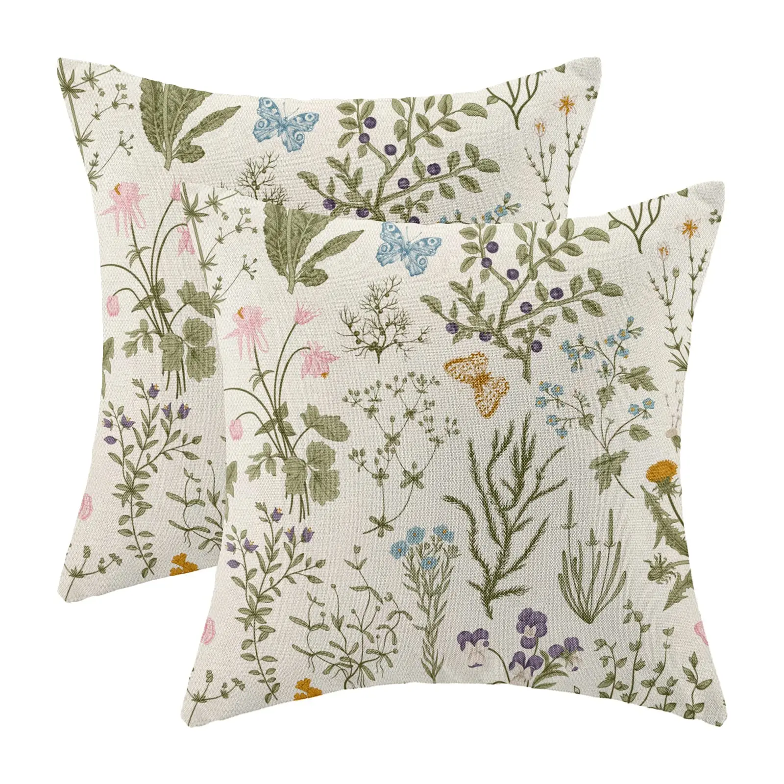 Spring Pillow Covers Set of 2,Sage Green Wild Flower Plant Throw Pillows Case,Floral   Square Linen Farmhouse Covers for Home So