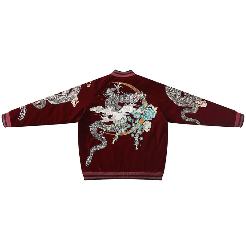 Men's Souvenir Jacket Dragon Embroidery Sukajan Jacket Chinese Streetwear Heavy Embroidered Coiled Dragon Baseball Jacket