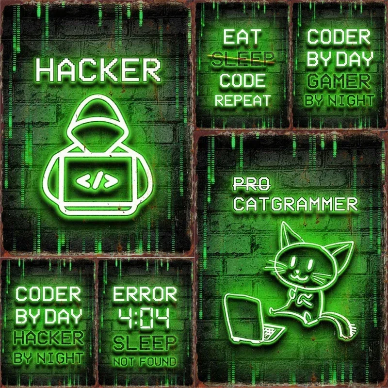 

Neon Gamer Metall Blechschilder Hacker Code Programmierer Poster Elektronisches Spiel Arena Wanddekoration Eisenblech