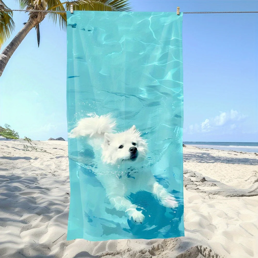 

1 очень большое быстросохнущее пляжное полотенце — легкое, быстро впитывающее влагу, с милым рисунком плавающего собаки, подходит для плавания.