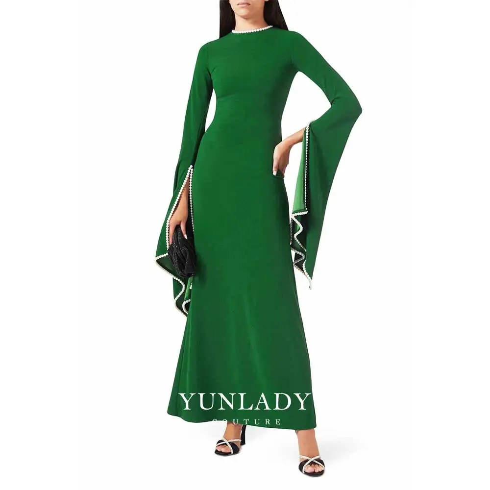 YUNLAN Elegant Pearl Pendant Smock Sleeve Evening Dress 2025 Custom Formal Round Neck Floor Length Luxury Dubai Green Ball Gown