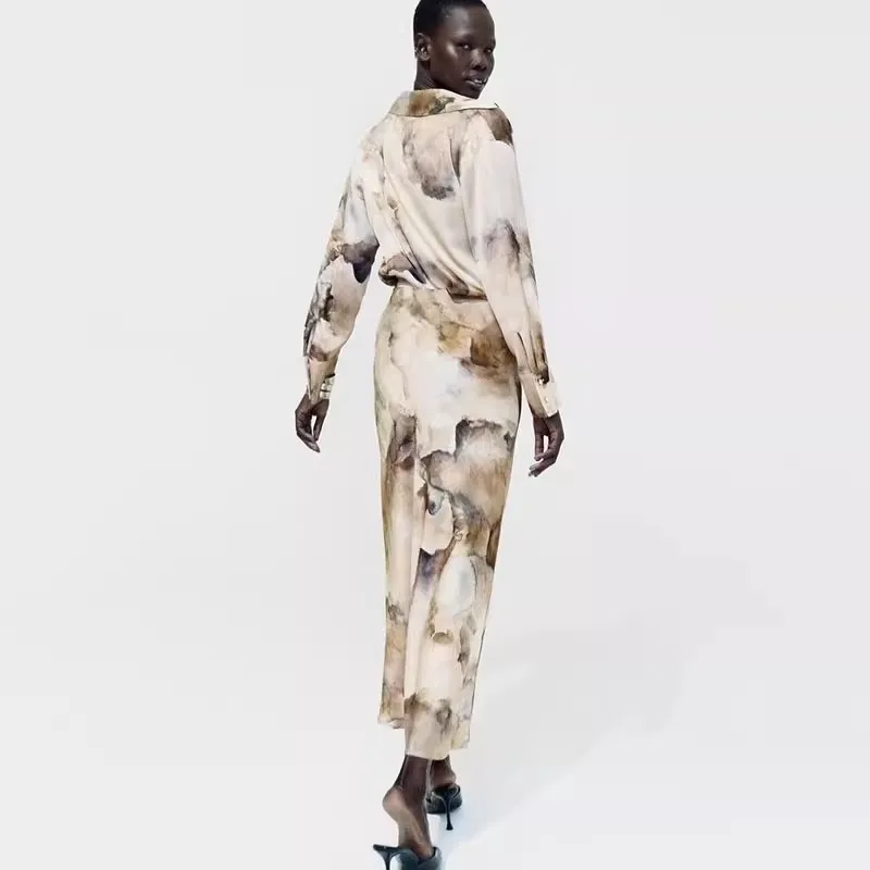 Primavera 2024, csa de satén de seda teñida con lazo para mujer, conjunto de falda de cintura alta, estampado Floral, ...