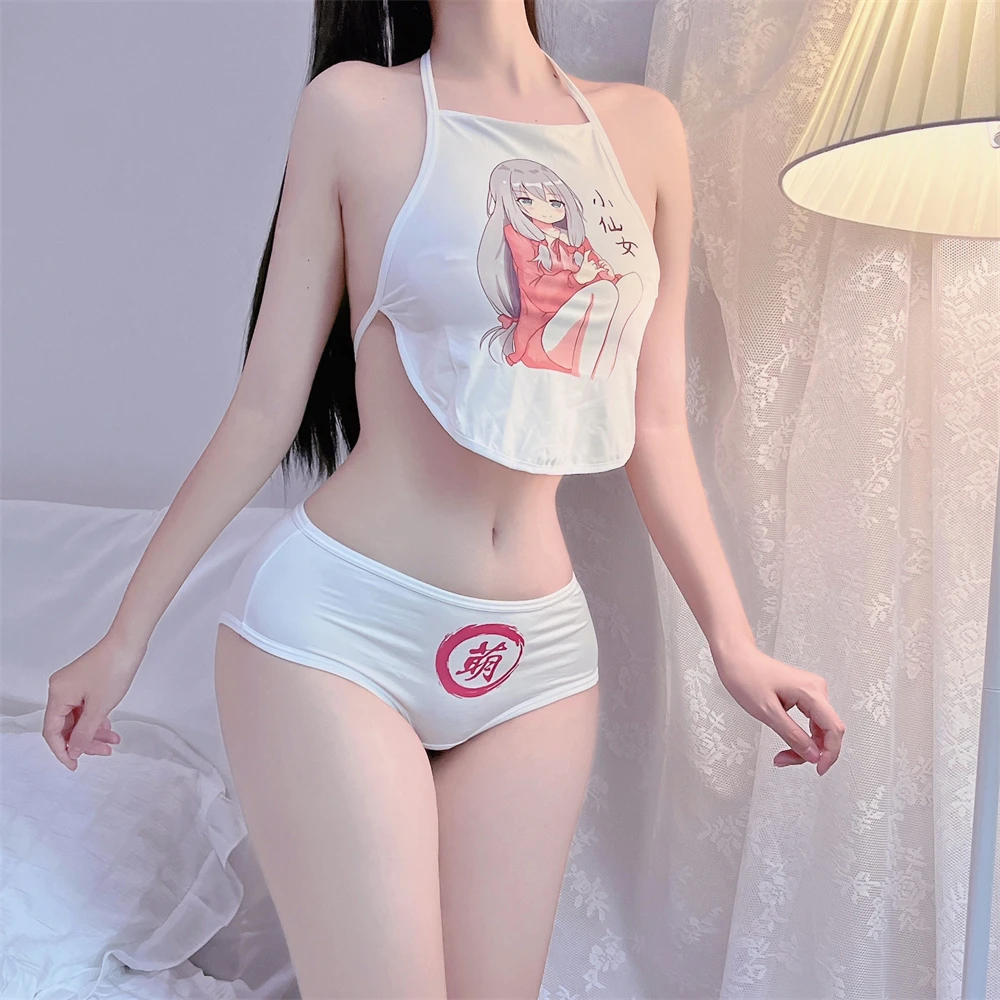 Japanese Lingerie Costume For Women Erotic Halter Crotchless Panties Set Sexy Harajuku Cartoon Pornographic Text Print Underwear