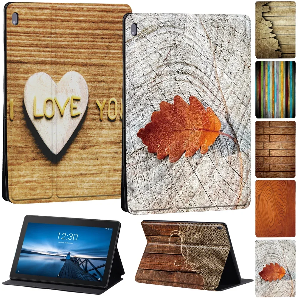 

Case For Lenovo Tab E10 10.1/M7/M8/M10 10.1 Inch Printed Wood PU Leather Tablet Protective Stand Folio Shell Cover+Free Stylus