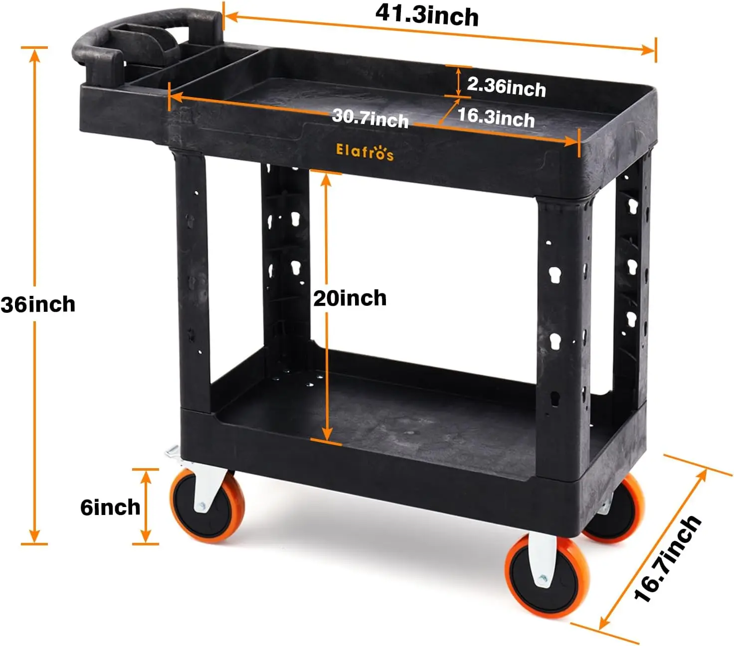 fros Heavy Duty Plastic Utility Cart 41.3 X 17 Inch - Ergonomic Handle Work Cart Storage W/Deep Shelves And 2 Fixed 2 Swivel