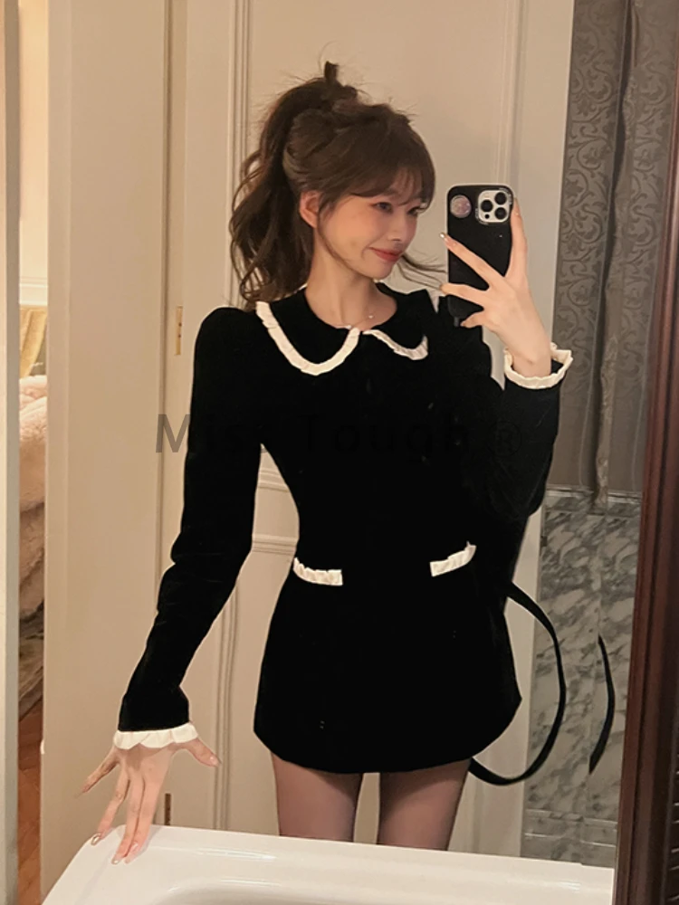 French Vintage One Piece Dress Women Pocket Elegant Y2k Evening Party Mini Dress Female Korean Style Casual Clothes 2024 Winter