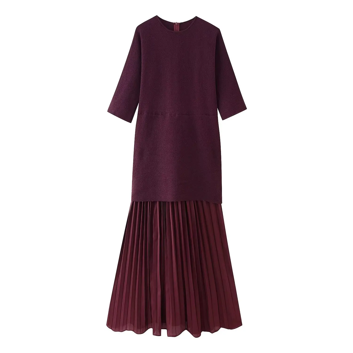 HH Vrouwen Elegante Halve Mouwen O-kraag Geplooide Jurk Lente Vrouw Achterrits Splitsen Vintage Casual Gebreide Lange Jurk