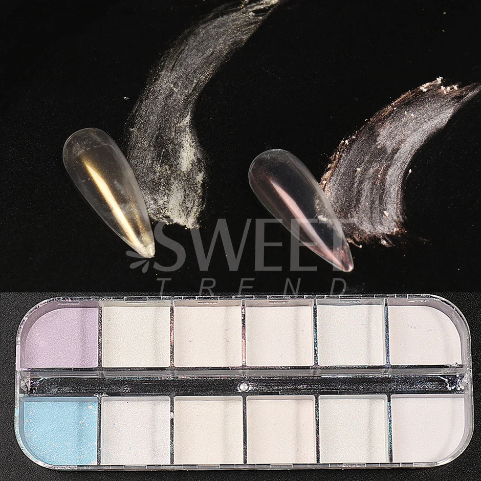 12 Grids Colorful Powder Nail Glitter Iridescent Aurora Ice Muscle Pearl Rubbing Nails Chrome Pigment Mirror Dust Manicure JIHC