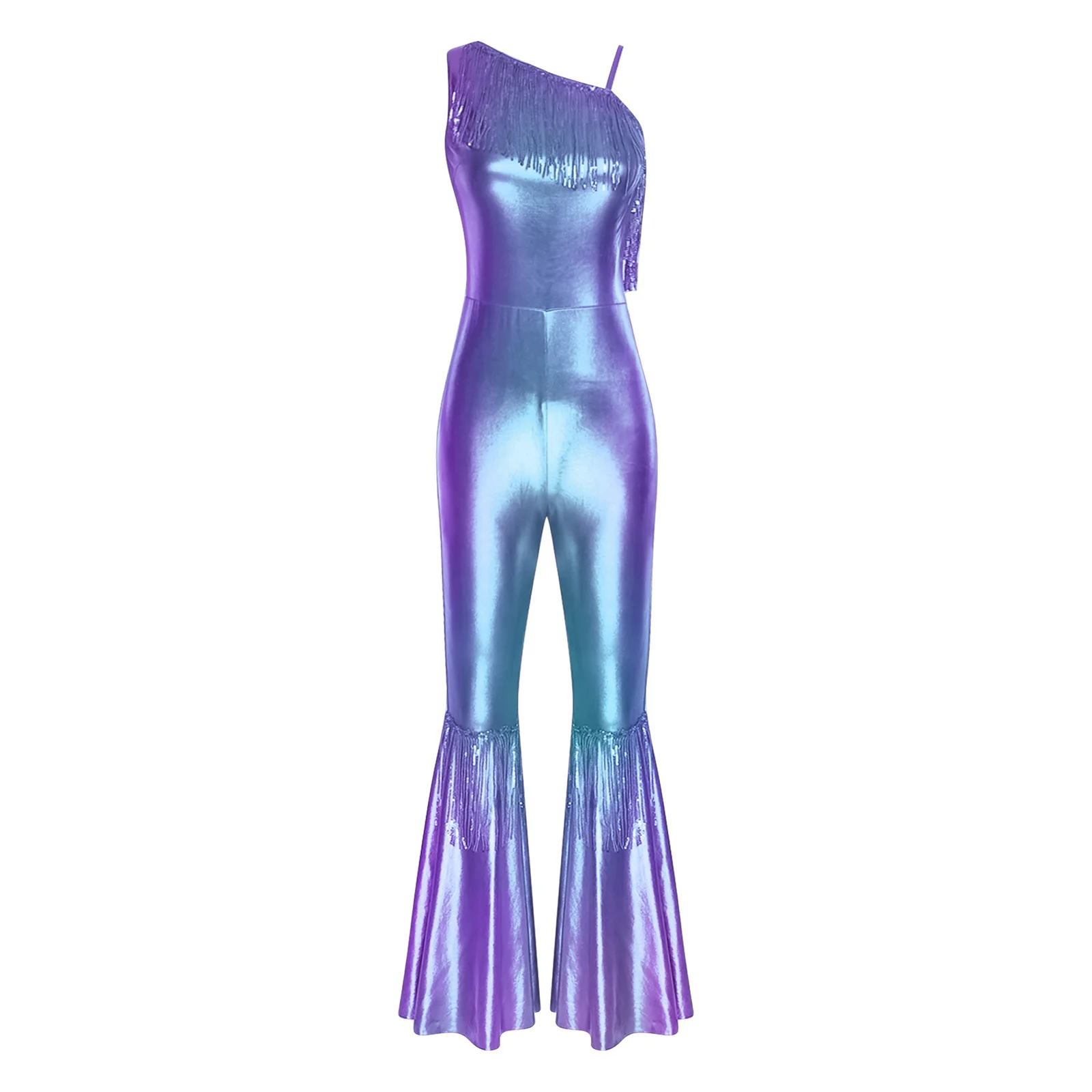 女性用光沢メタリックジャズディスコダンスジャンプスーツ 70年代80年代ヒッピー風コスチューム スパンコールタッセル付きワンショルダーベルボトムボディスーツロンパース