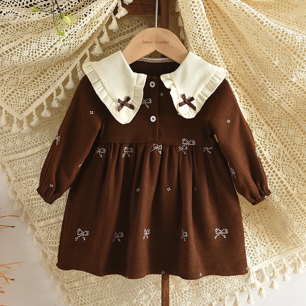 Braunes Schleifenkleid mit langen Ärmeln für Babymädchen, Herbstmode, neue Partykleider für Mädchen, niedlicher Puppenkragen, Freizeitkleidung – Detail 23