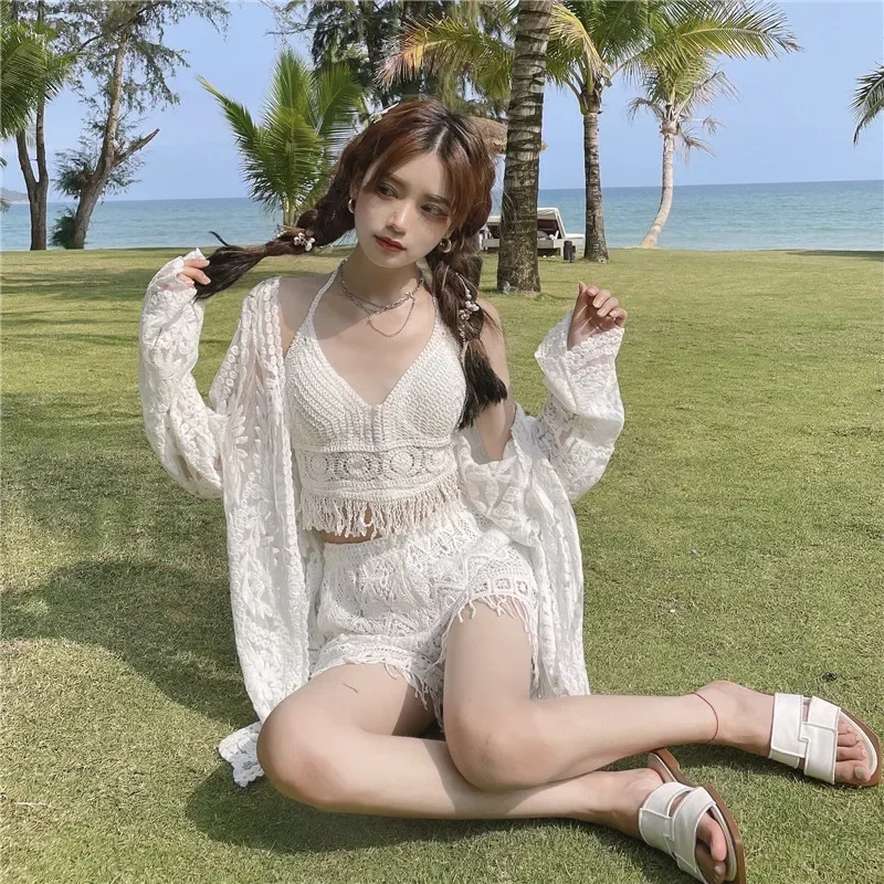 

Bohemian women Summer Beach 2 Piece Sets Crochet Hollow Camis Vest Top&Sunscreen Cardigan&Tessel Shorts Seaside 3 Pieces Suits