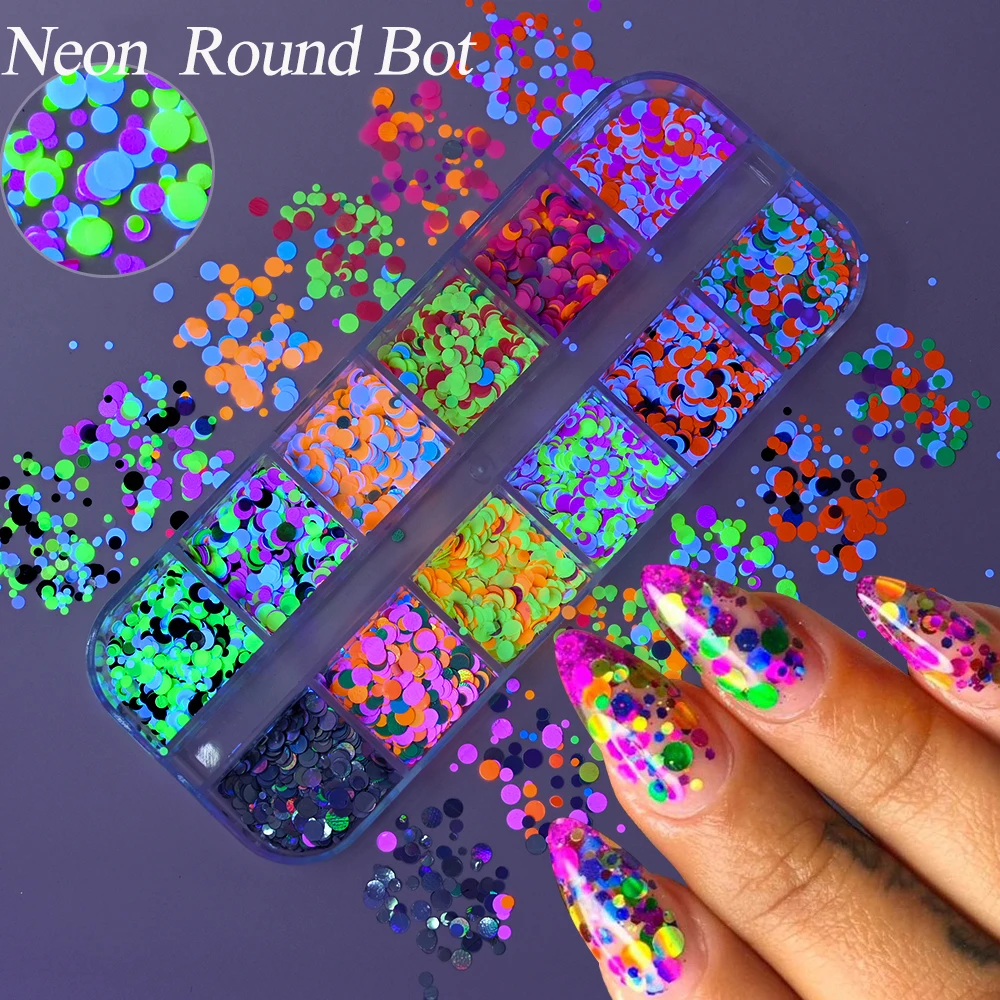 12Colors Fluorescent Neon Polka Dot Nail Sequins Ultra-thin Colorful Neon Round Bot Flakes Mixed Laser Round Manicure Sequins