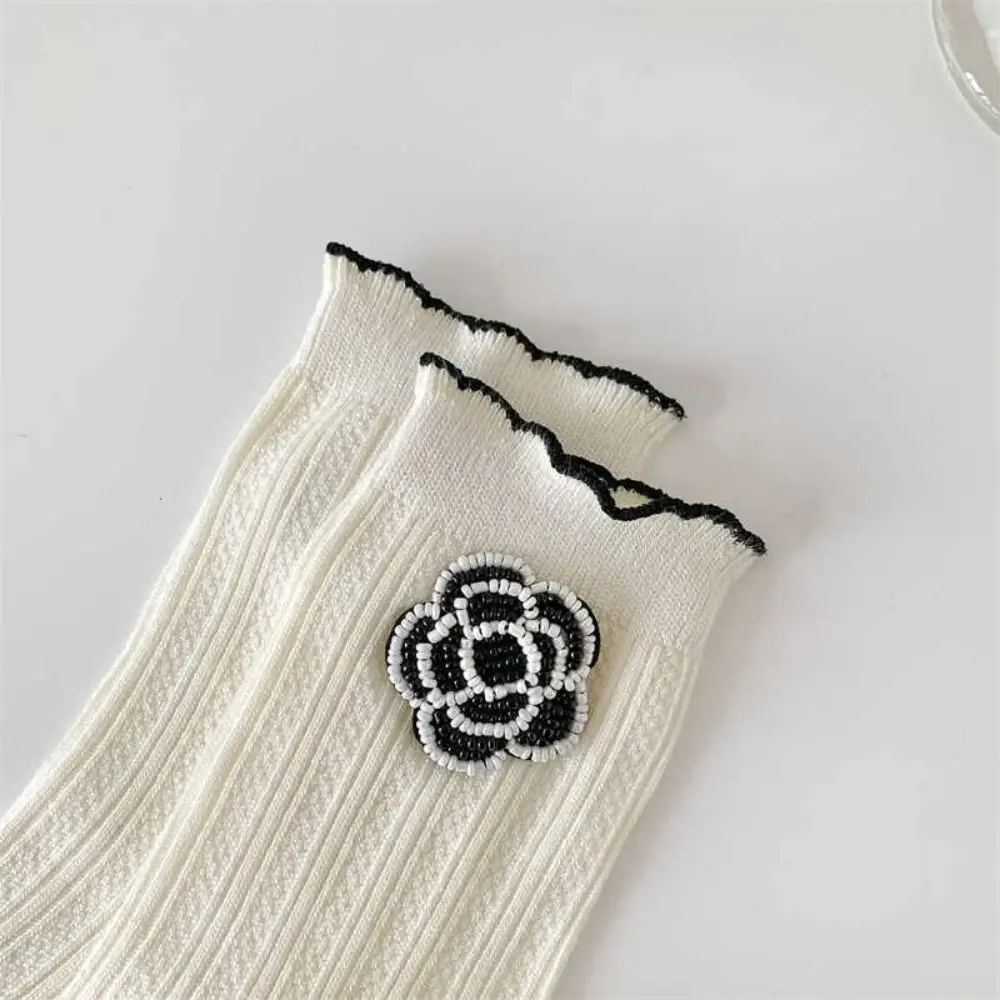 Soft Breathable Frilly Cute Sweet Trendy Flower Korean Style Socks Middle Tube Women Camellia Socks Cotton Hosiery