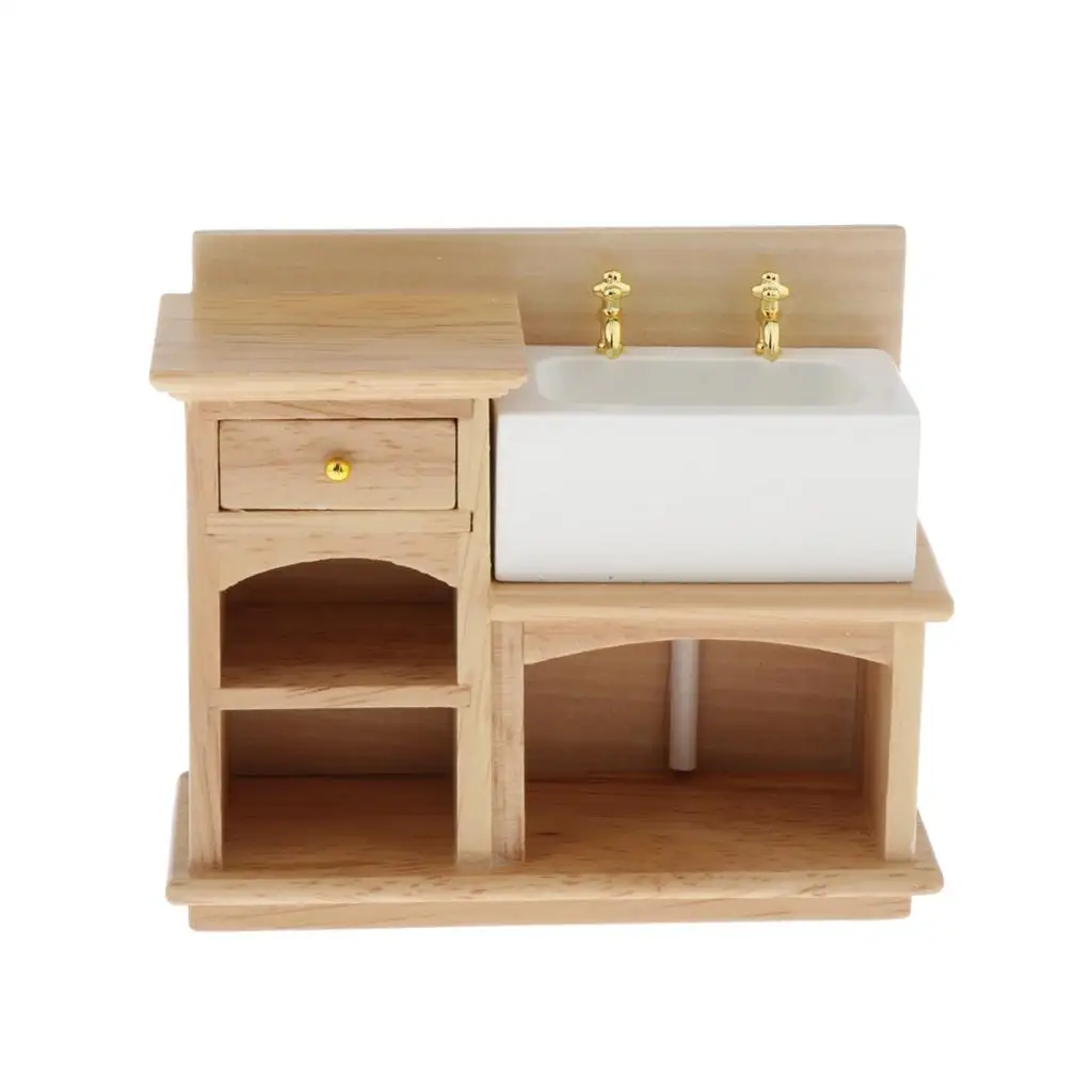 1/12 Wooden Cabinet with Ceramic Sink, Miniature Furniture for Doll House Bathroom or Kitchen Decor, Kids Pretend Play Toy