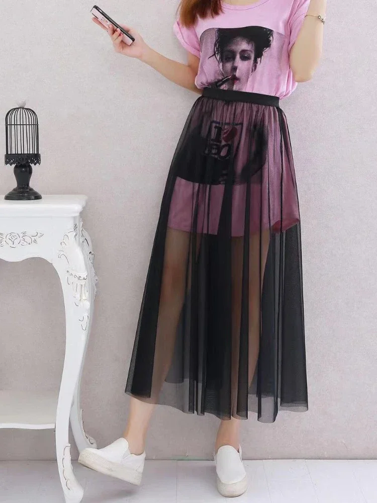 New Fashion See-through Mesh Skirts Sexy Solid High Waist Skirts Fashion Black Female Skirts