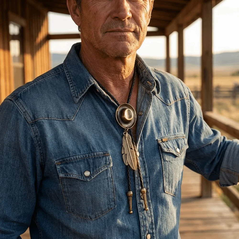 Retro Vintage Western Cowboy Hat Necklace Leather Rope Adjustable Long Pendant Chain Unisex Alloy Metal Feather Necktie Party