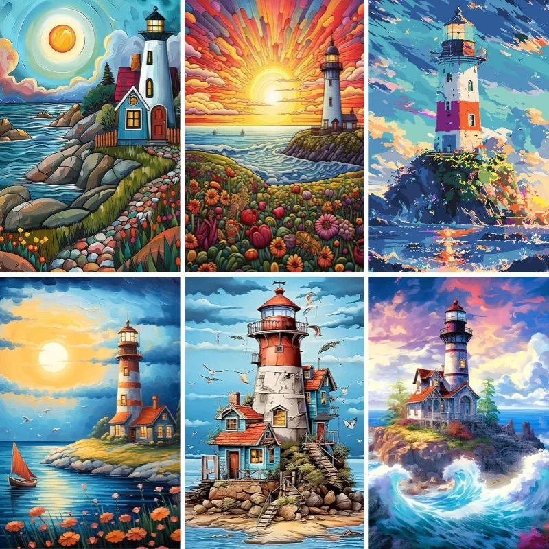 

Lighthouse Full Drill Diamond Painting, Beach Sea Scenery ,Modern Abstract Wall Art, Mosaic Embroidery, Rhinestone Home Decor