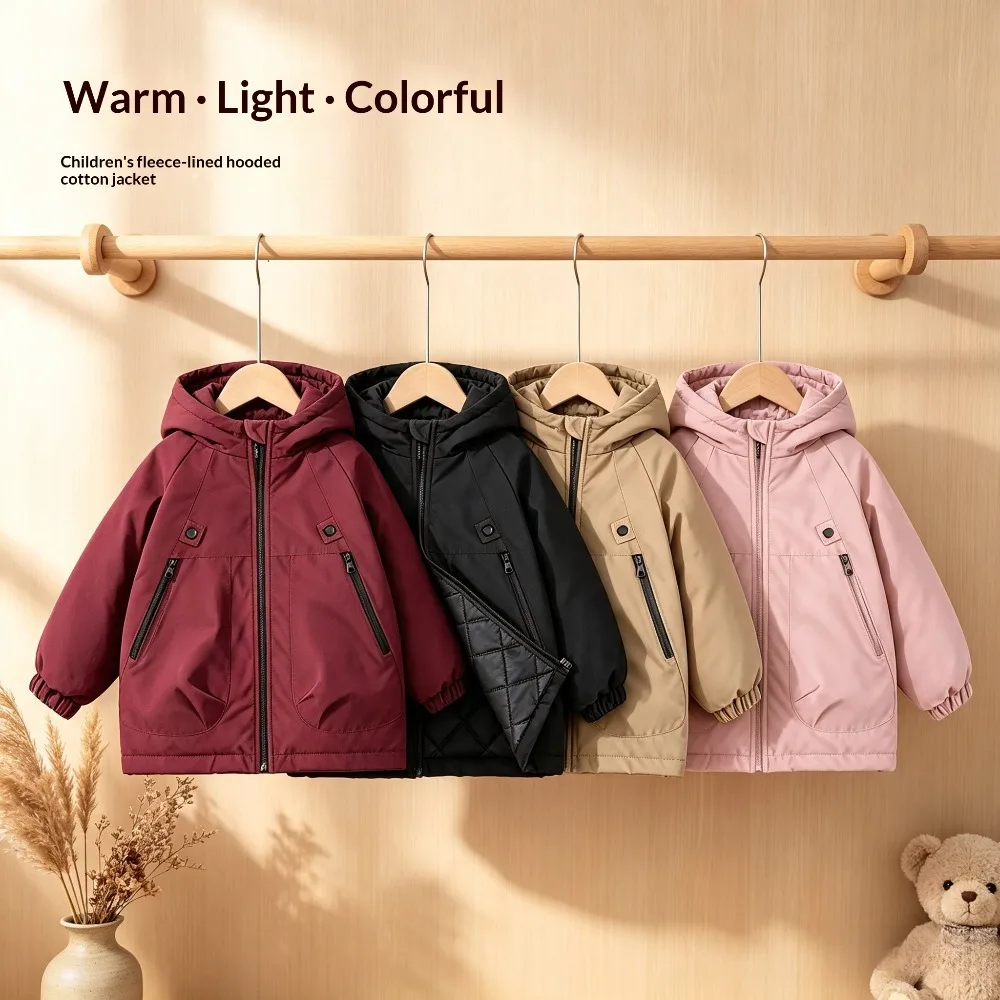 Kids Hooded Winter Jacket with Diamond Quilted Lining Zip Up Windproof Coat Multiple Pockets Boys Girls Casual Outdoor Outerwear