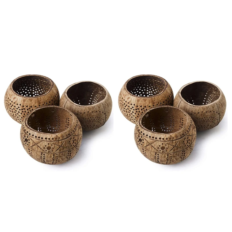 Coconut Shell Wood Candle Holders (Set Of 6) With Coconut Scented Tealight Candles - Boho Decor, Votive Candles Holders