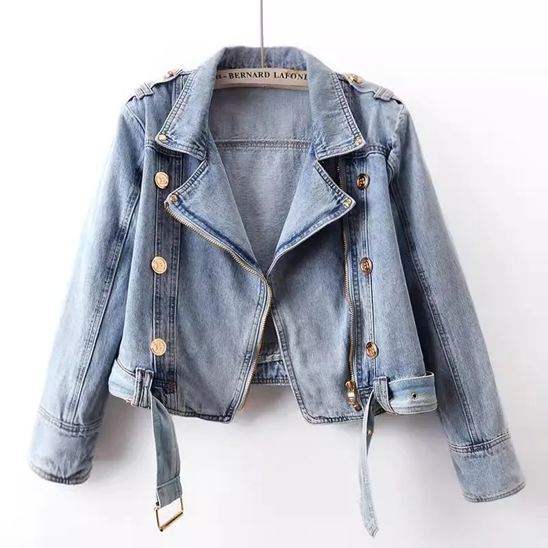 2024 Spring Autumn New High Waist Zipper Long Sleeve Denim Coat Women\'s Casual Short Loose Jean Top Motorcycle Jackets Female