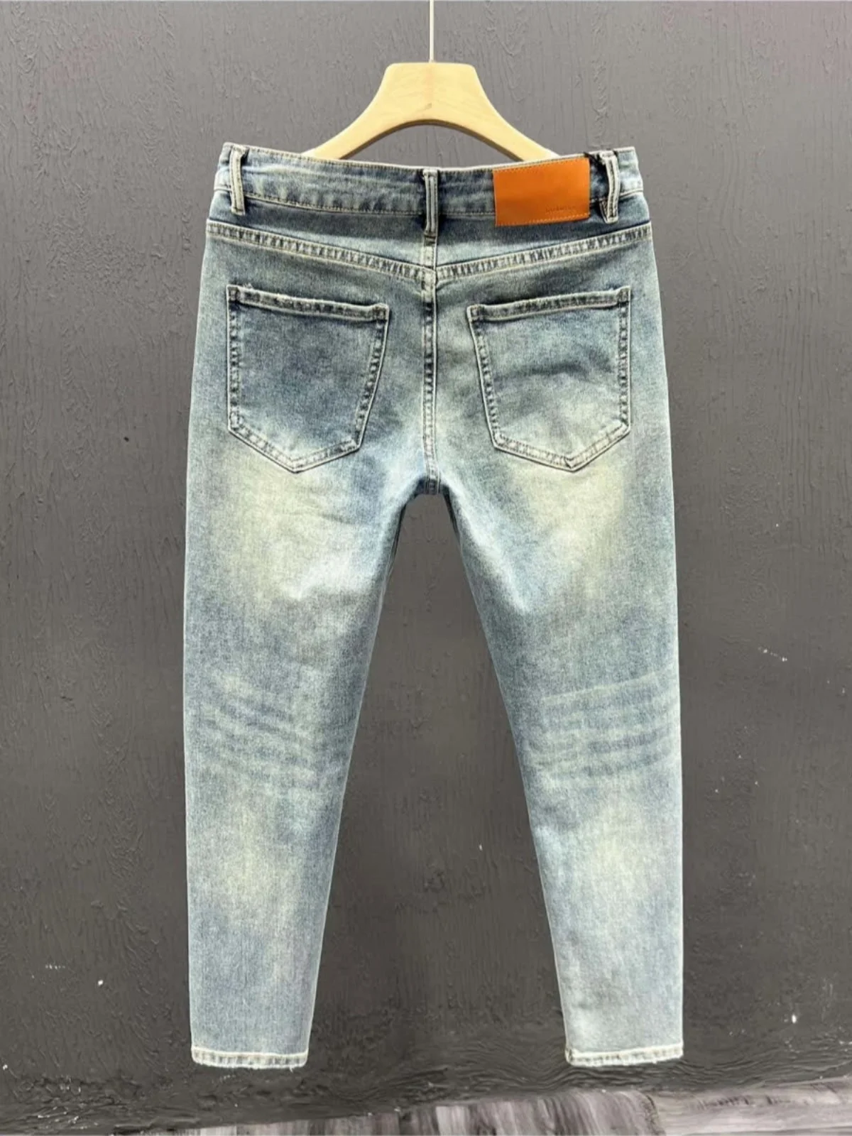 Calça jeans masculina retrô azul da, elástica, slim fit, nove décimos, tendência de verão, casual, calças cridas, jean...