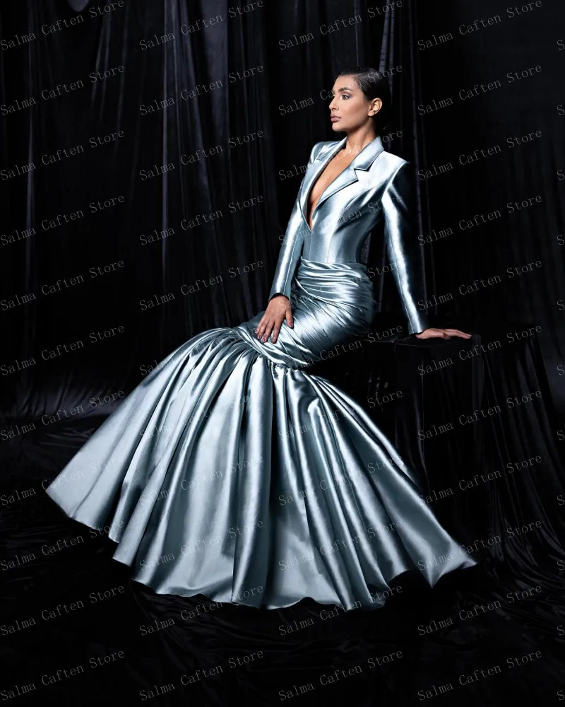 Elegant V-neck Office Ladies Evening Dresses Long Sleeve Smooth Satin  Mermaid Dress Custom Made Women Clothing Ever Pretty Gown