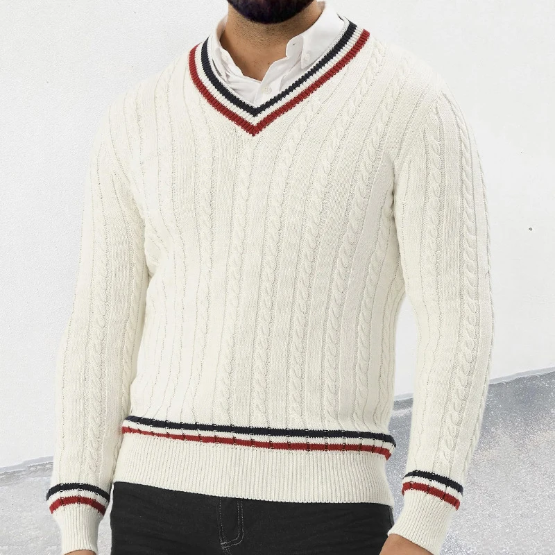 2024 Autumn Fashionable Sweater Mens Long Sleeve V Neck Striped Knit Jumpers Men Casual Slim Knitting Pullover Tops Streetwear