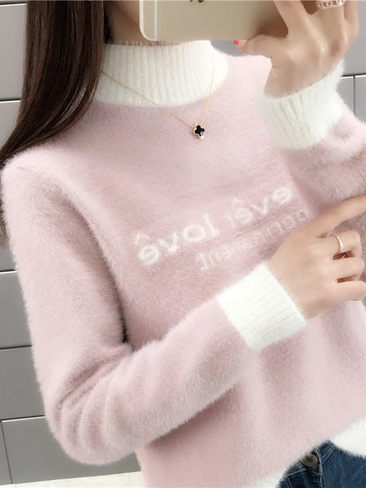 JMPRS Loose Women Knitted Sweater Fashion Letter Winter Half Turtleneck Sweater Pullover All Match Casual Female Jumper New