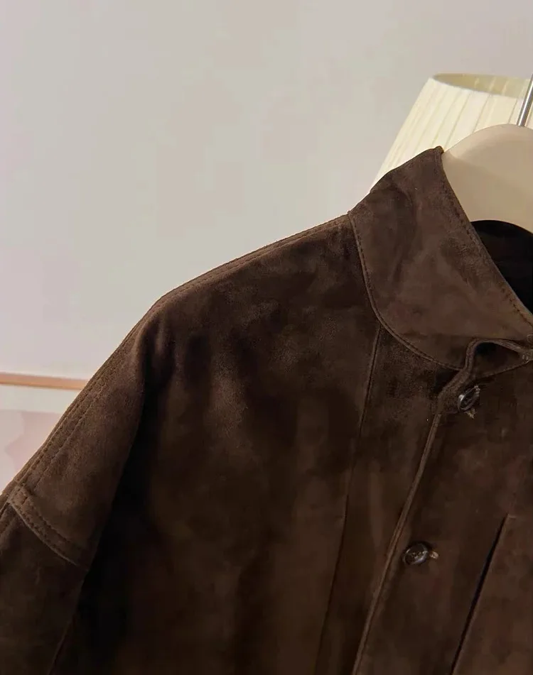 Giacca Bomber Retrò in Pelle Scamosciata e Pelle di Pecora da Donna 2026, Cappotto Corto Vintage con Colletto Rialzato e Vita Elasticizzata, Chic Veste Femme