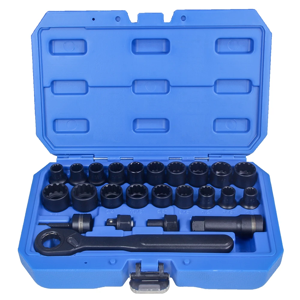 

24PC Steel 12 Point Hex Ratchet Pass Through Wrench 10-19mm 3/8-7/8 inch with Long Shaft for Easy Screw Removal and Durable Use