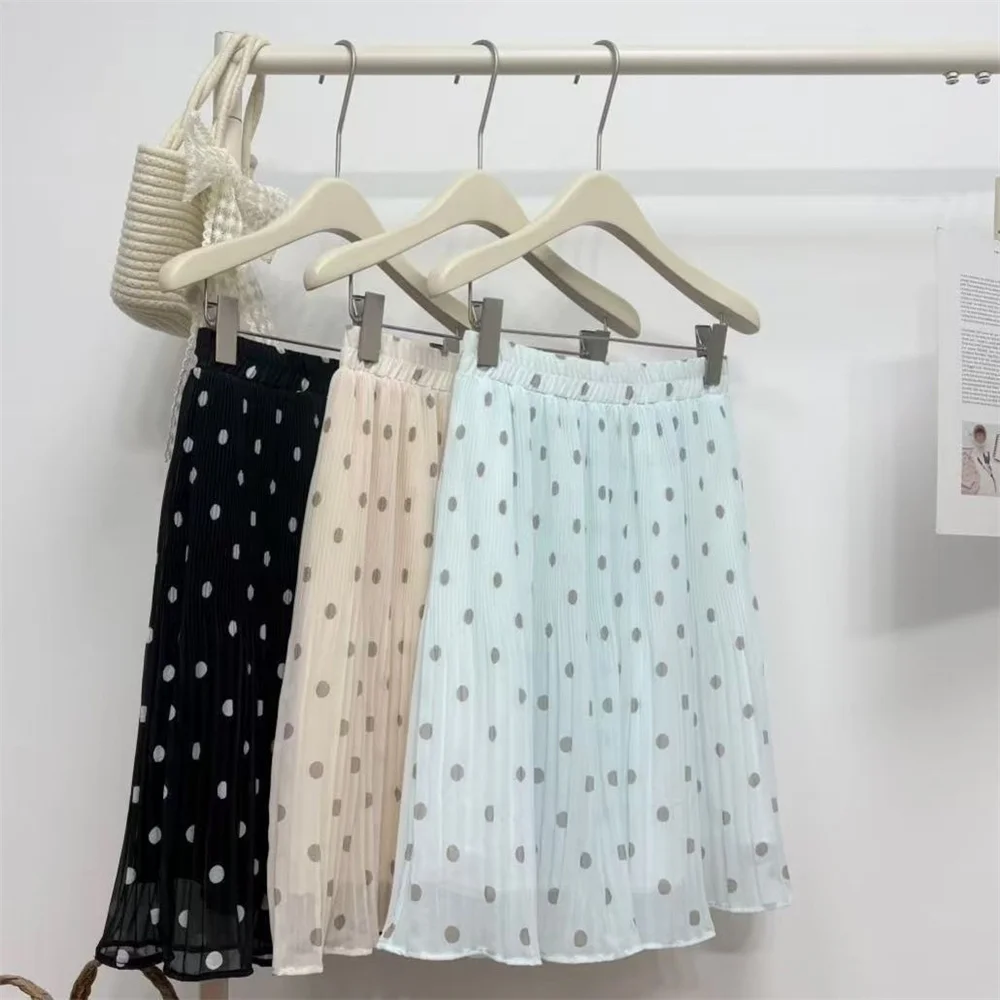 Cute Sweet Polka Dot Ruffle Skirt Women 2026 Summer Casual High Waist Pleated Chiffon Skirt Vacation Beach A Line Midi Skirts