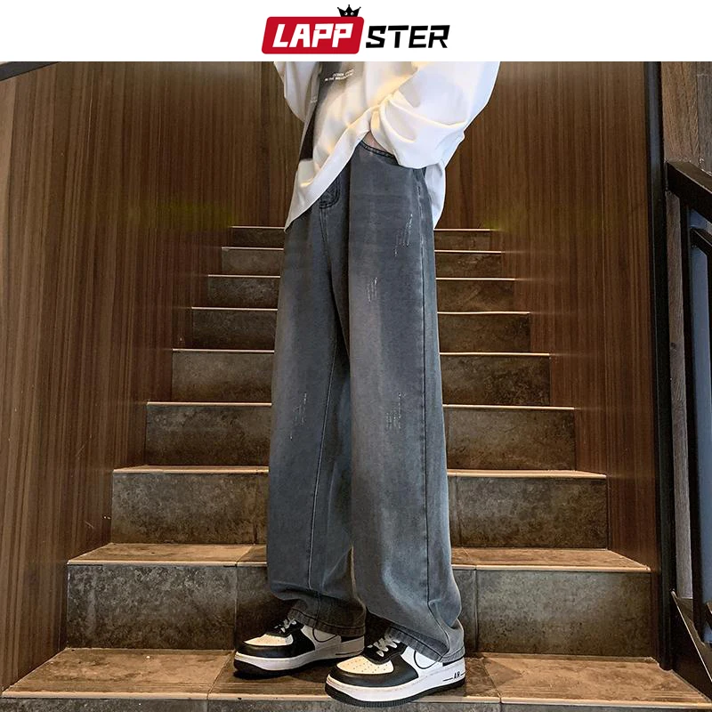 

LAPPSTER Y2k Streetwear Baggy Stacked Jeans Men New Low Rise Korean Fashion Cargo Jeans Harajuku Vintage Black Cargo Denim Pants