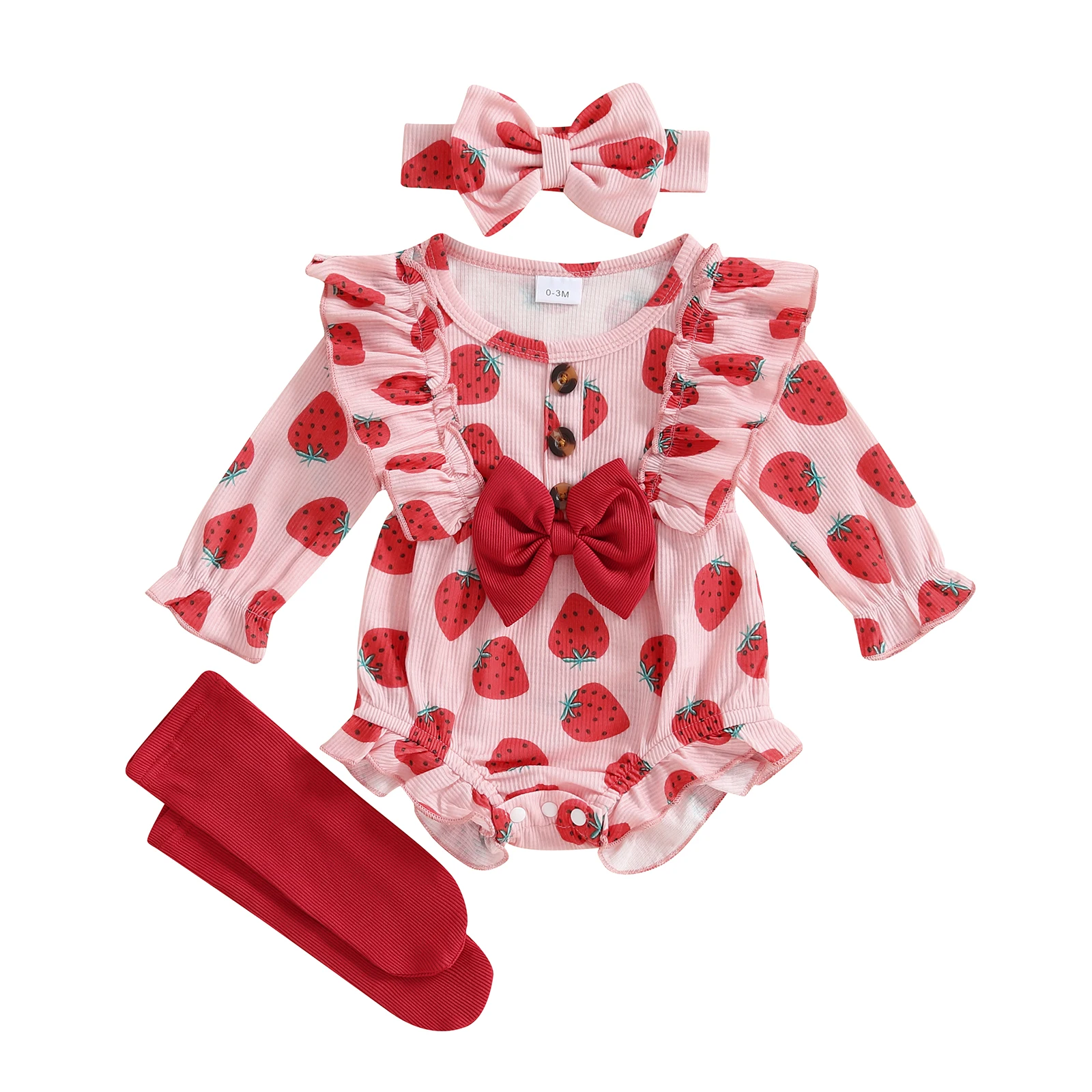 

Наряд для новорожденных девочек, комбинезон с длинными рукавами и круглым вырезом, клубничный комбинезон с цветочным принтом и повязкой на голову, носки, осенняя одежда