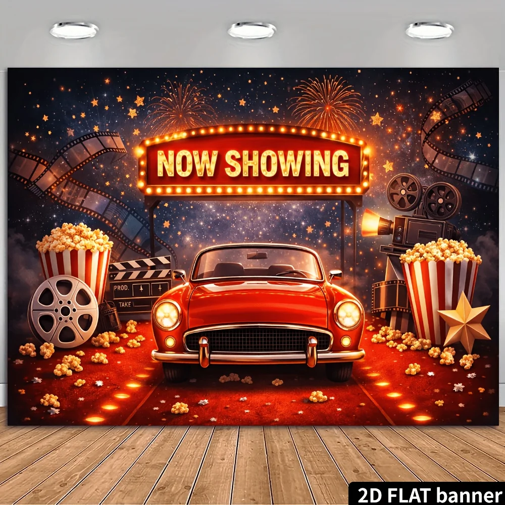 Vintage Cinema Tapestry, Retro Red Car Movie Night Wall Hanging, Popcorn Film Reel Backdrop, Home Theater Room Decor