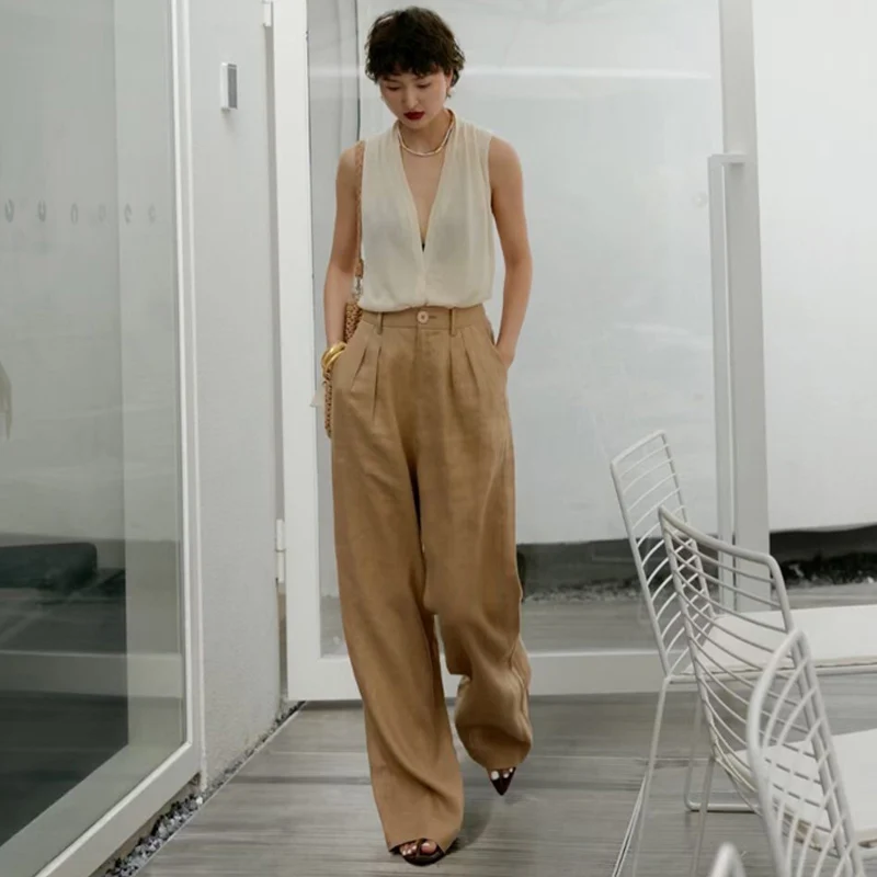 

High End Summer New Street Style Women's High-End Fashionable Comfort Linen Straight Leg Long Pants High Waisted S-XL