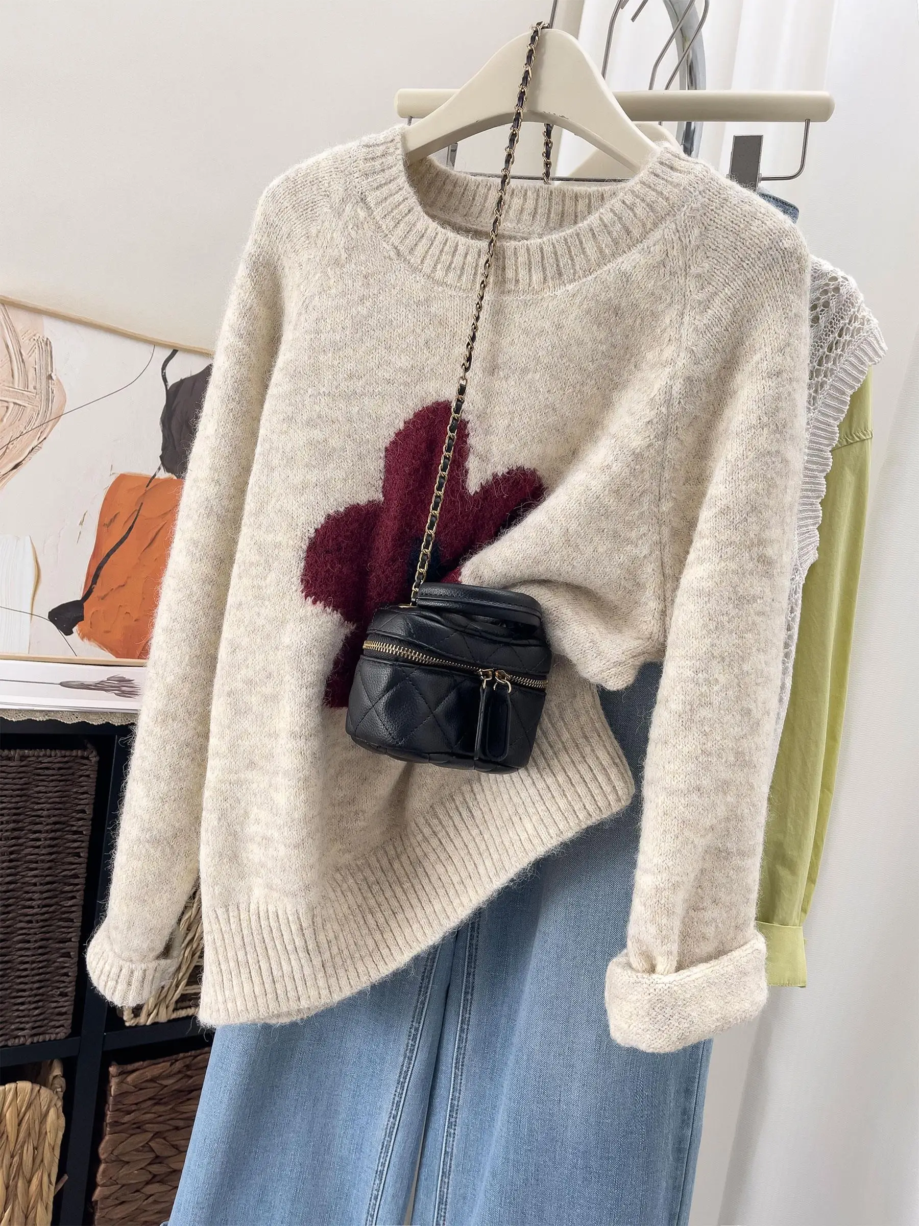 الأزهار متماسكة سترة Jaet المرأة أوائل الخريف جديد Sle الكورية Aosphere أعلى الخريف الشتاء فضفاضة تناسب طويلة Sve جولة Ne #3