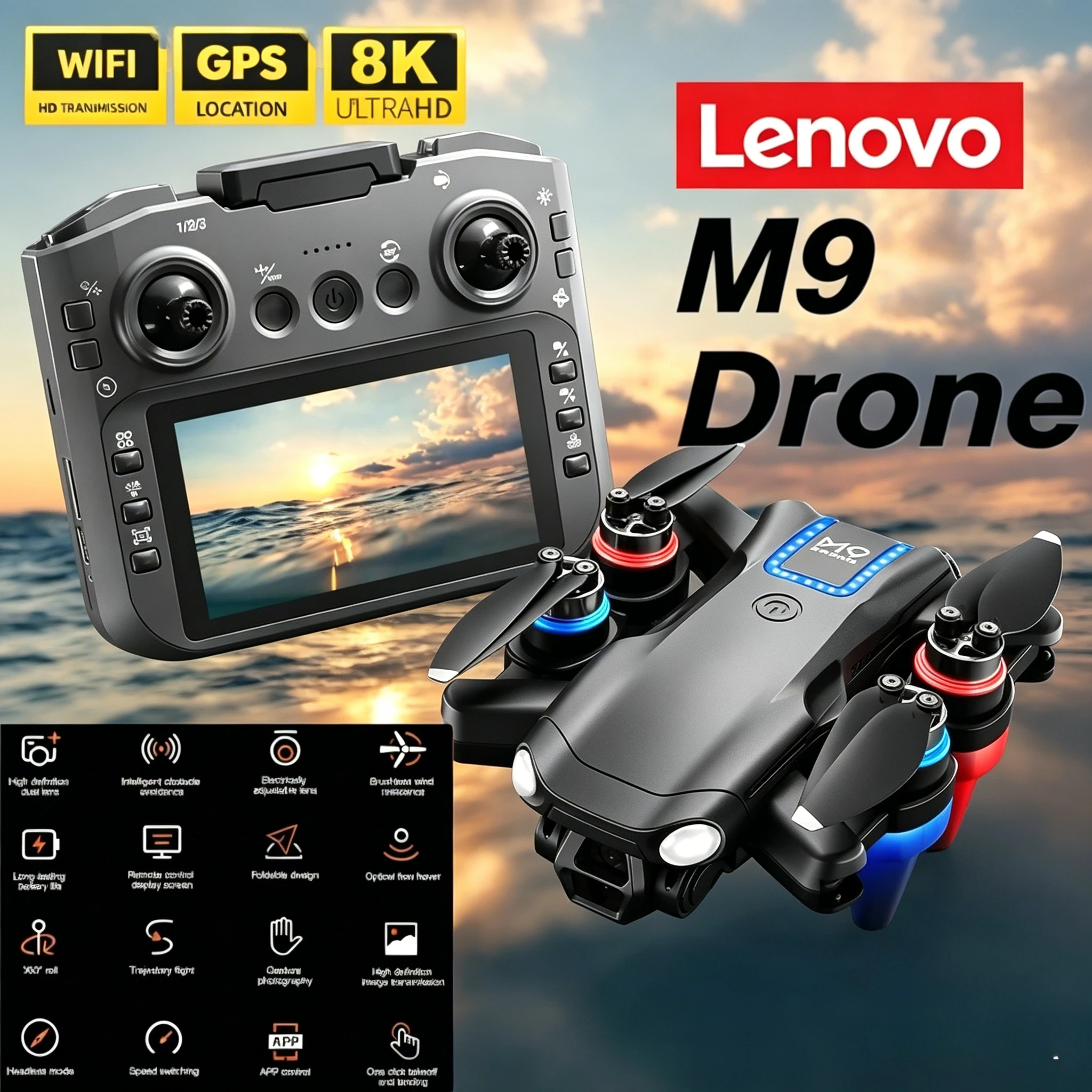 

Дрон Lenovo M9 4K 5G GPS HD с двойной профессиональной камерой, бесщеточный, складной квадрокоптер для фотосъемки, радиоуправляемый дрон-игрушка с функцией зависания