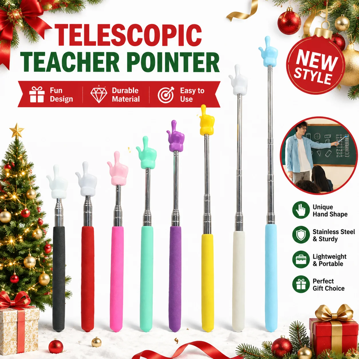 1/2/4PCSTelescopic Rod Finger Design Durable Stainless Steel Teaching Pointer  Teaching Stick Classroom Finger Pointer Teachers