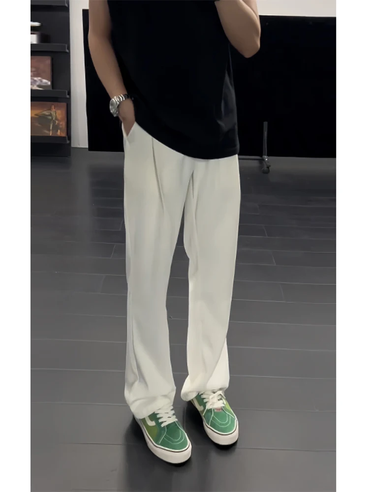 

Брюки мужские прямые из ледяного шелка Pure White Cool Feeling, летние, драпирующиеся, с эффектом премиум-класса, OOTD, облегающие, повседневные