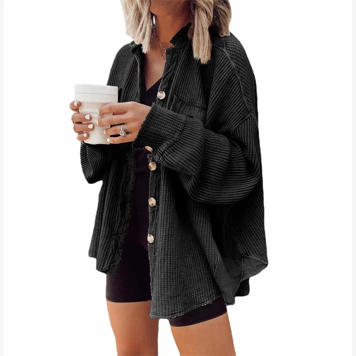 Faion femme décontracté revers ket panneau irrégulier trajet Sle coupe ample longue Sve Ultra ort longueur bouton détail