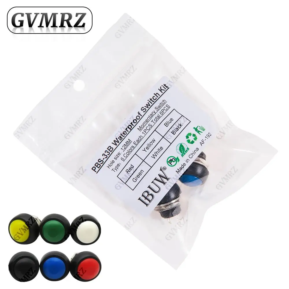 6PCS Mini 12mm Waterproof Momentary ON/OFF Push Button Round Switch PBS-33B KIT Black Red Yellow Blue Green White