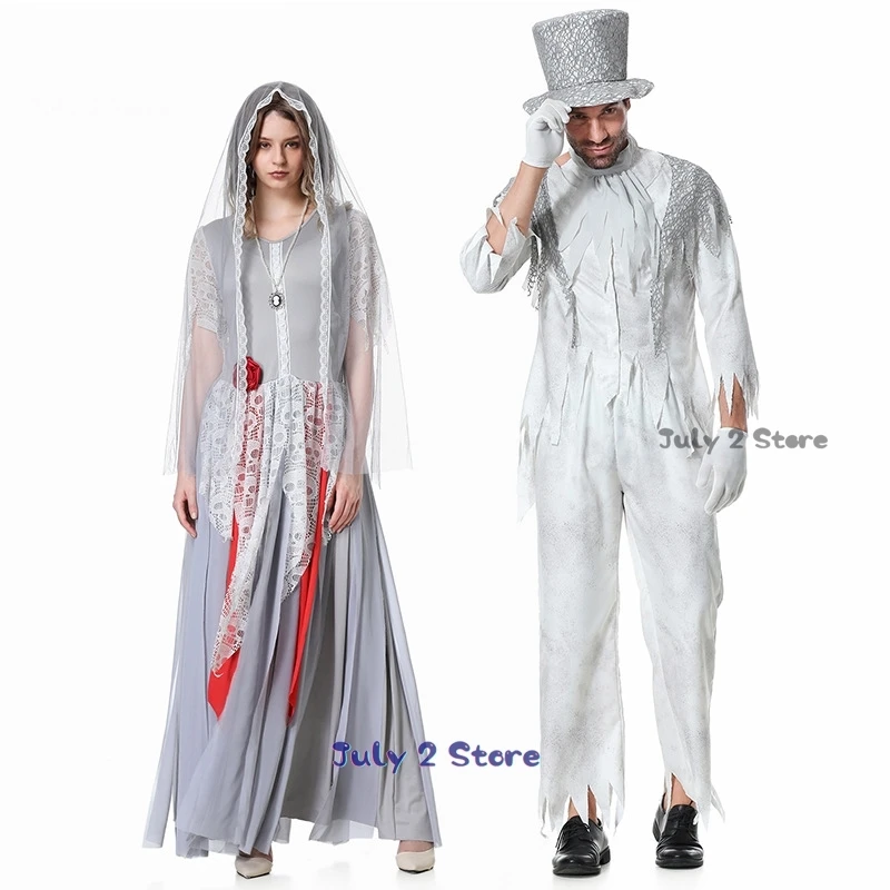 Corpse Ghost Bride and Groom Costume Cosplay Scary Zombie Masquerade Halloween Fancy Couple Wedding Suit Carnival Party Dress Up