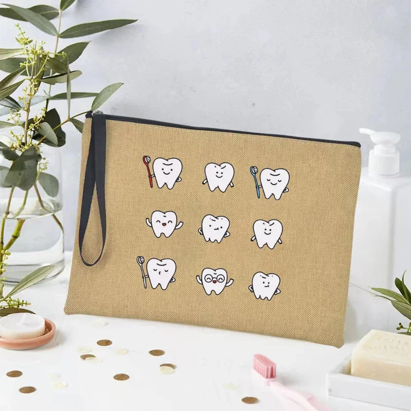 Aesthetic Funny Tooth Dentist Print Toiletry Bag Cosmetic Organizer Makeup Bag Fashion Travel Organizer Linen Cosmetic Bag