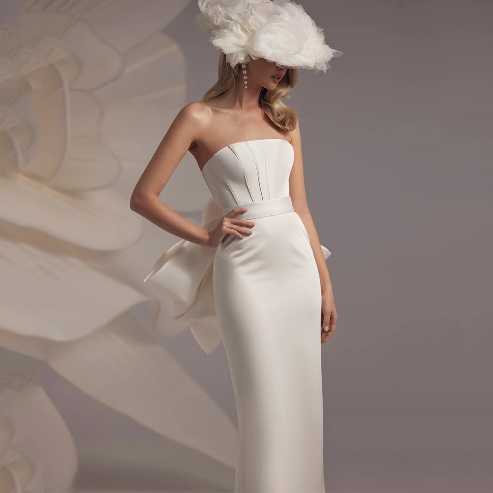 

Bride Strapless Short Wedding Dress Sheath Tea-Length with Belt and Bow Sexy Open Back and Slit Bridal Sleeveless Civil Gowns